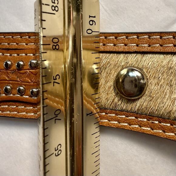 Ranger Belt Co Basket Weave Hair On Hide Studded Brown Leather Belt No Buckle 32 main image 11